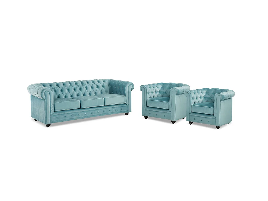 Couchgarnitur 3+1+1 - Samt - Hellblau - CHESTERFIELD