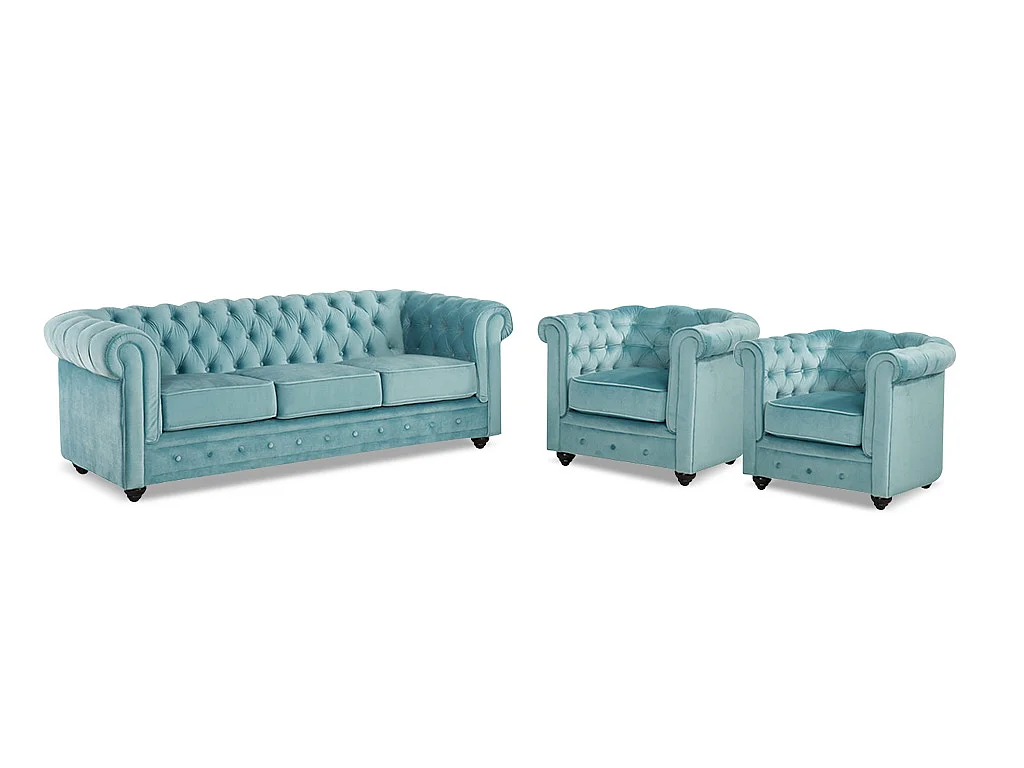 Couchgarnitur 3+1+1 - Samt - Hellblau - CHESTERFIELD