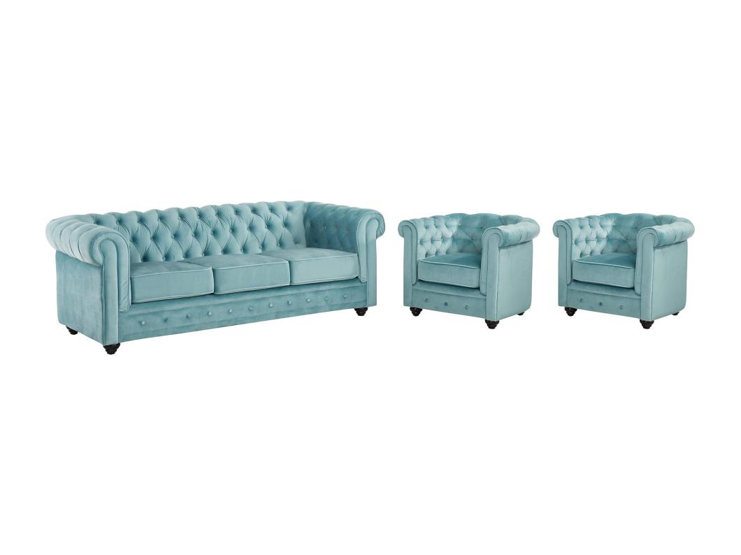 Sofá de 3 lugares e 2 cadeirões CHESTERFIELD - Veludo azul pastel