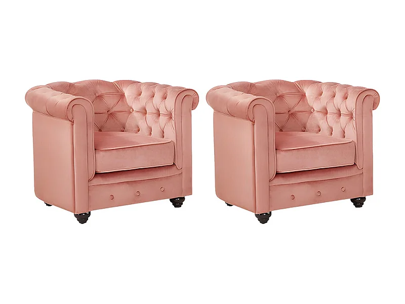 Lot de 2 Fauteuils CHESTERFIELD - Velours rose pastel