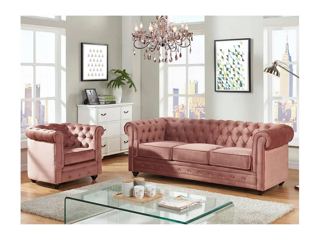 Couchgarnitur 3+1 - Samt - Rosa - CHESTERFIELD