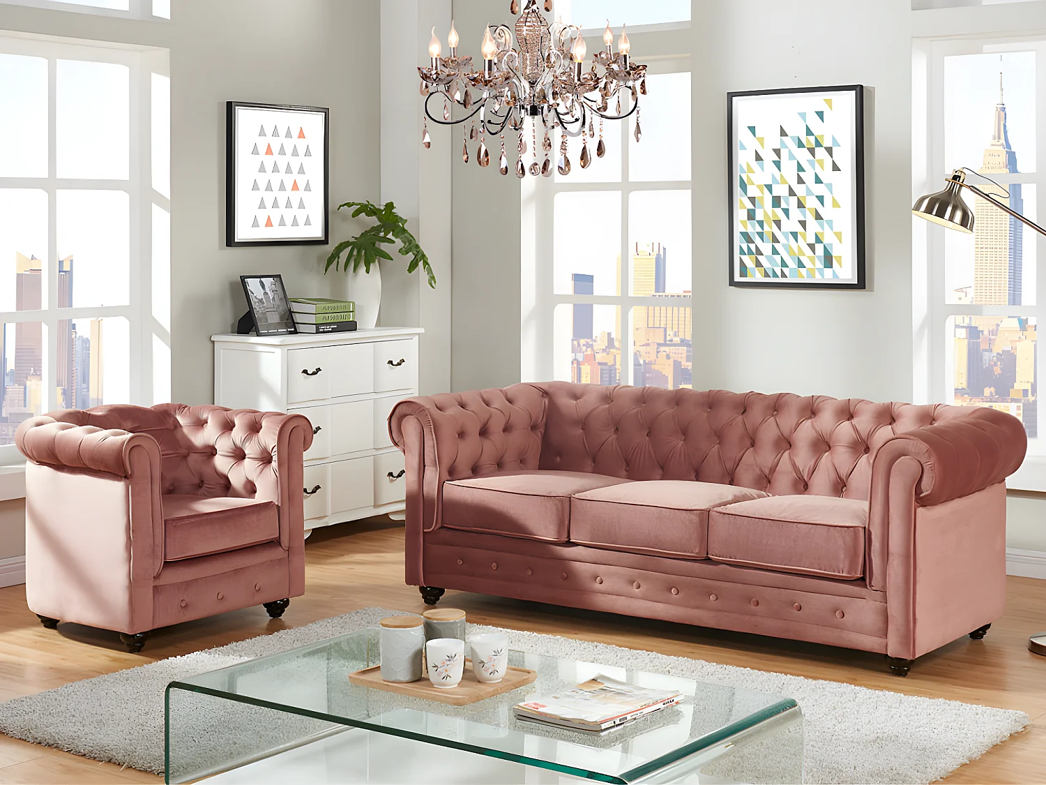 Driezitsbank en fauteuil CHESTERFIELD - velours - pastelroze