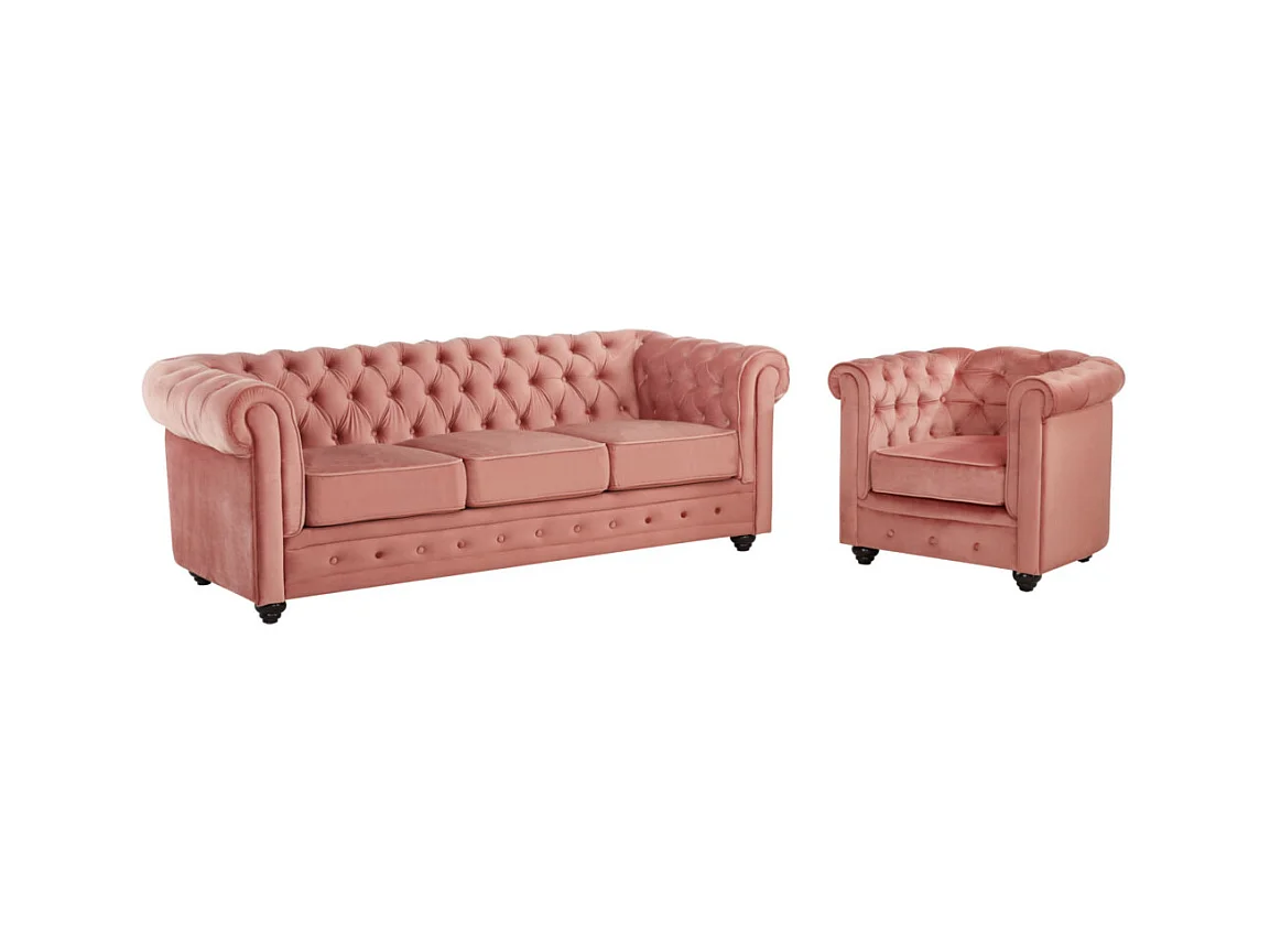 Canapé 3 places et fauteuil CHESTERFIELD - Velours rose pastel