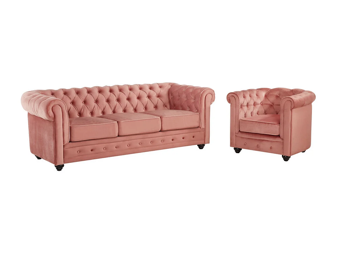 Canapé 3 places et fauteuil CHESTERFIELD - Velours rose pastel