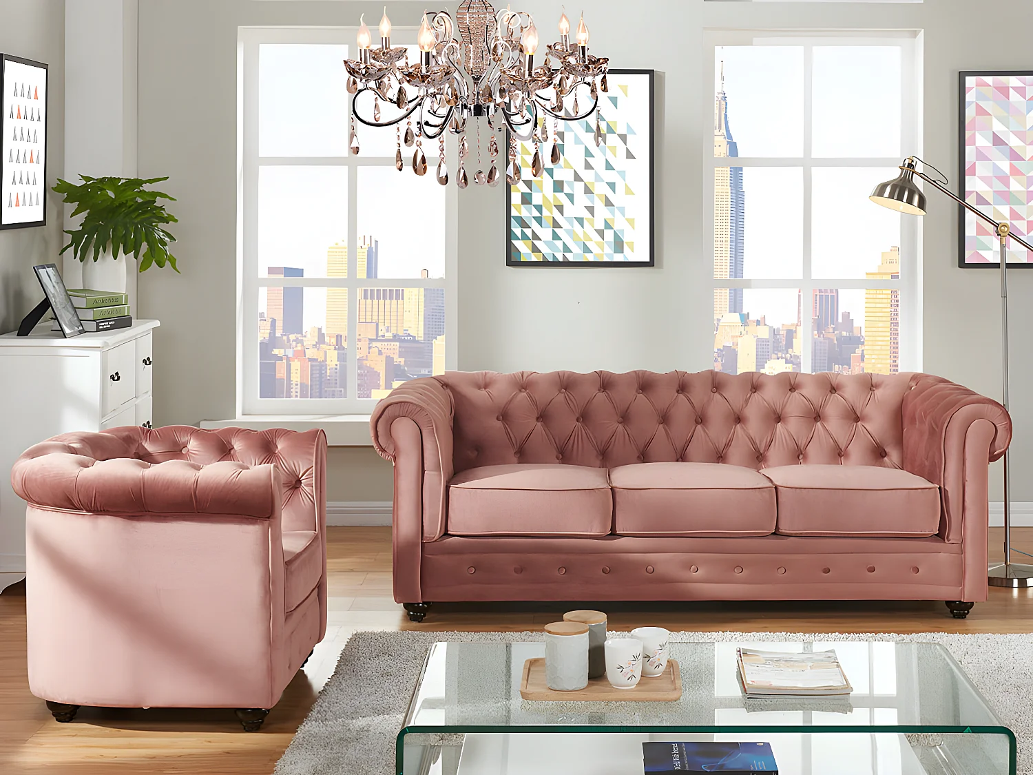 Canapé 3 places et fauteuil CHESTERFIELD - Velours rose pastel