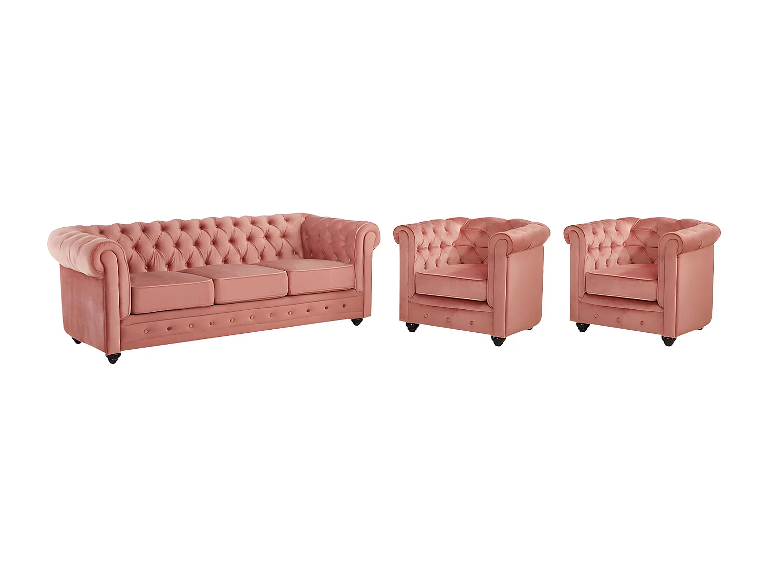 Canapé 3 places et 2 fauteuils CHESTERFIELD - Velours rose pastel