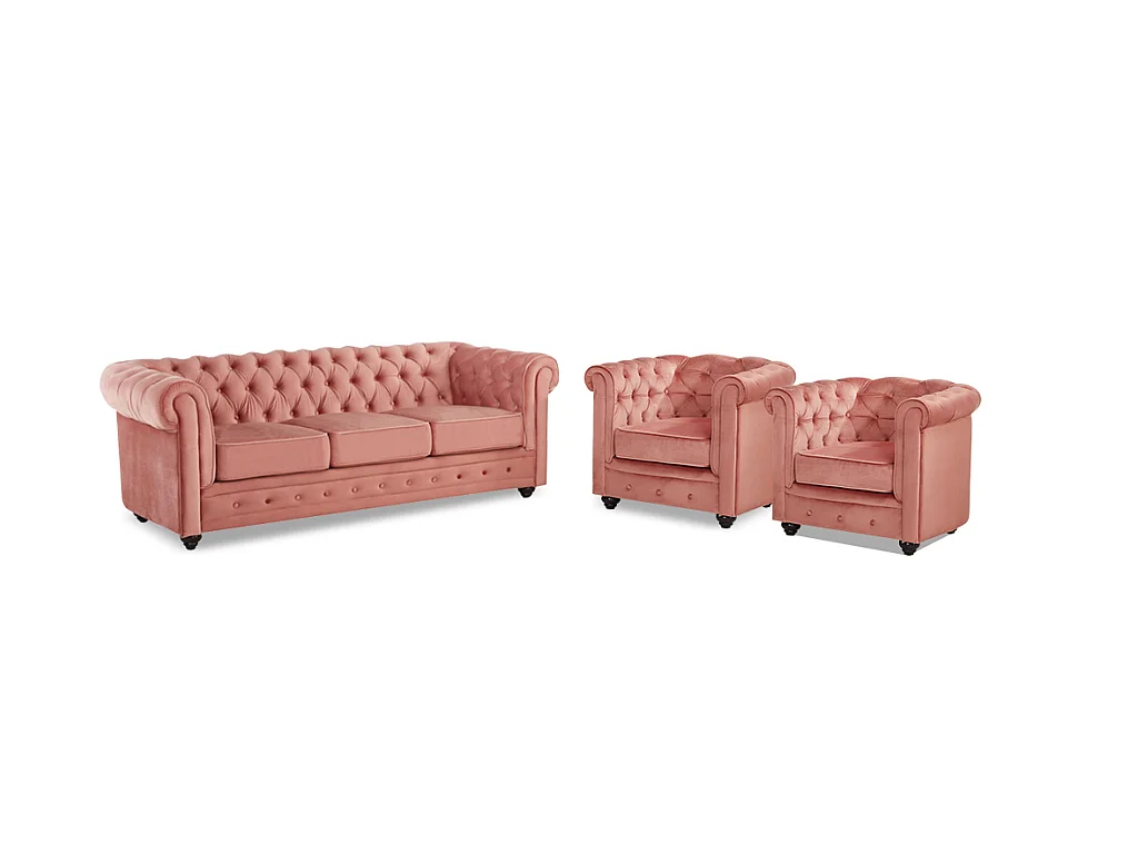 Couchgarnitur 3+1+1 - Samt - Rosa - CHESTERFIELD