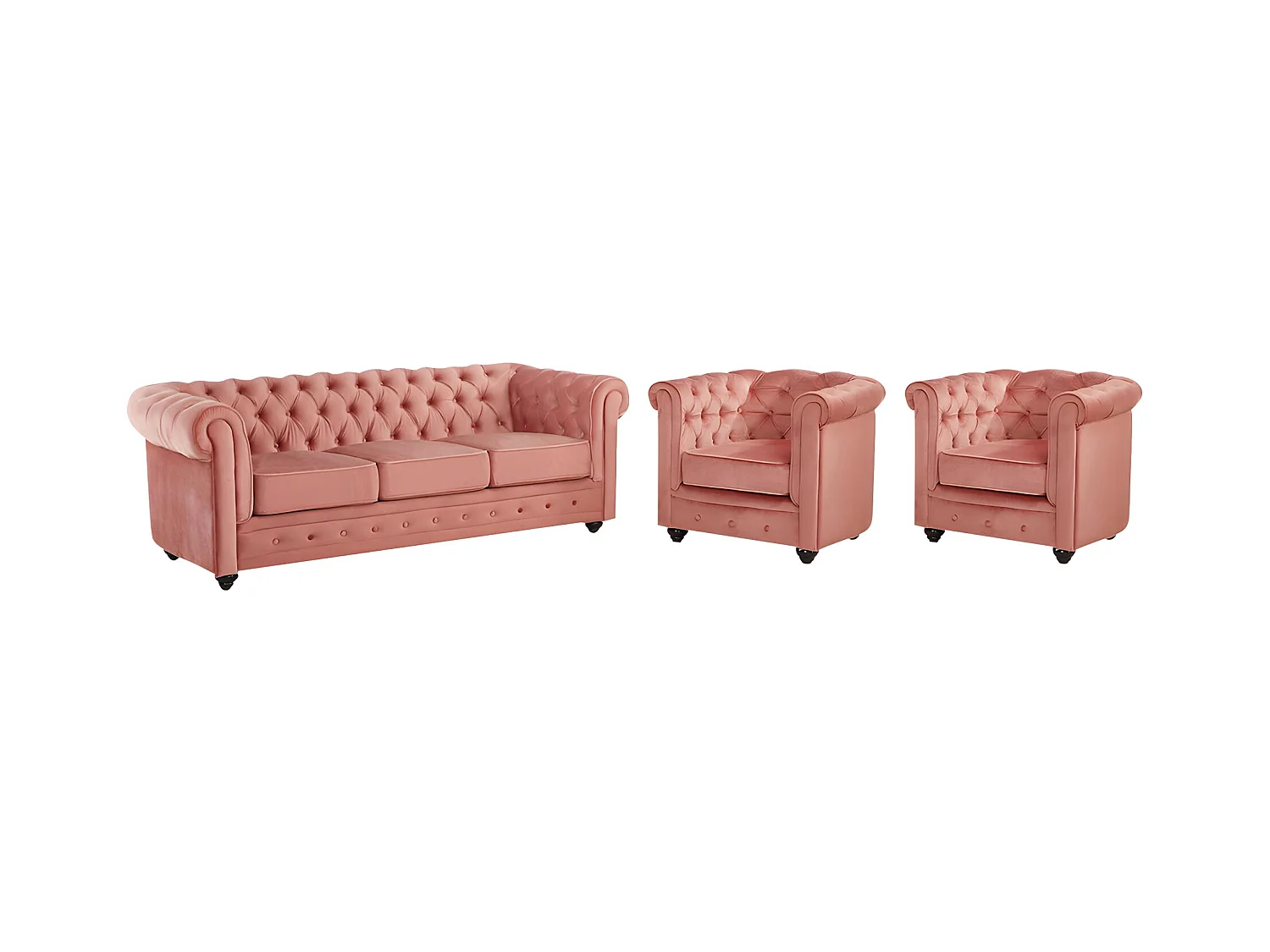 Divano CHESTERFIELD 3 posti e 2 poltrone in velluto Rosa cipria