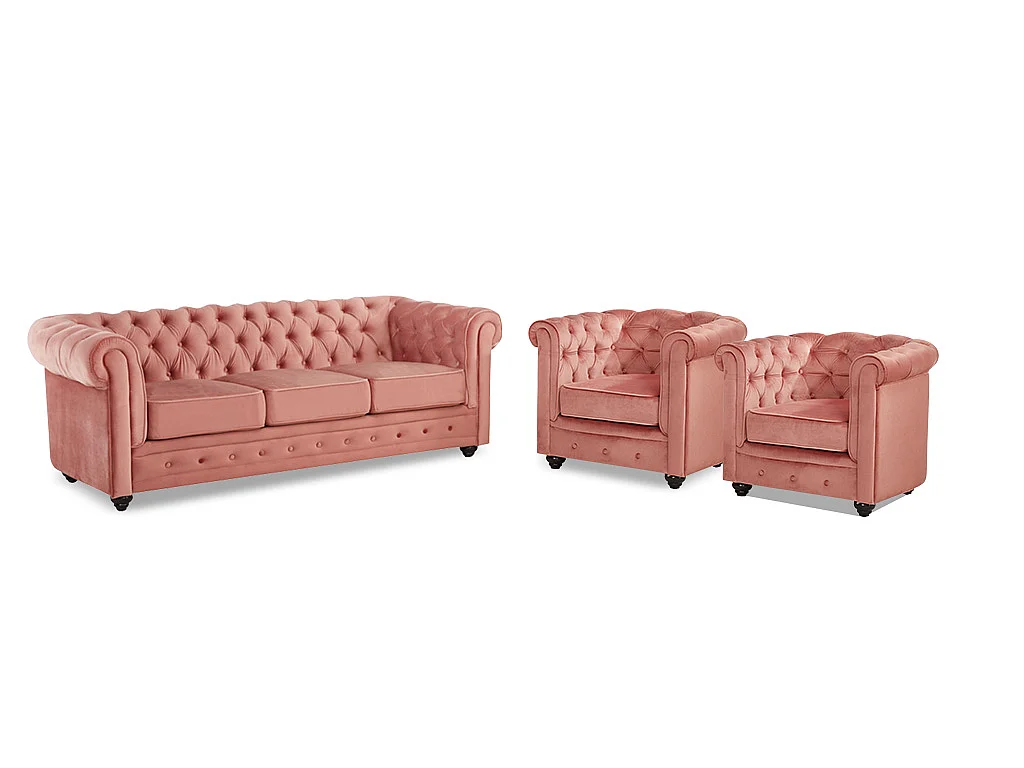 Couchgarnitur 3+1+1 - Samt - Rosa - CHESTERFIELD