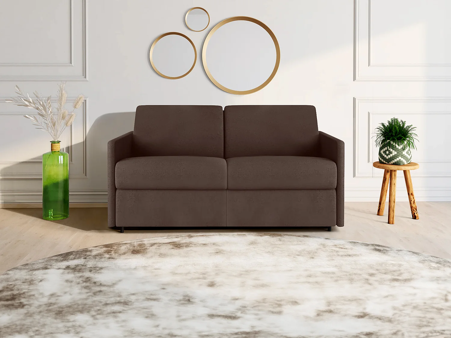 Canapé 2 places convertible express en tissu marron - Couchage 120 cm  - Matelas 14 cm CALIFE