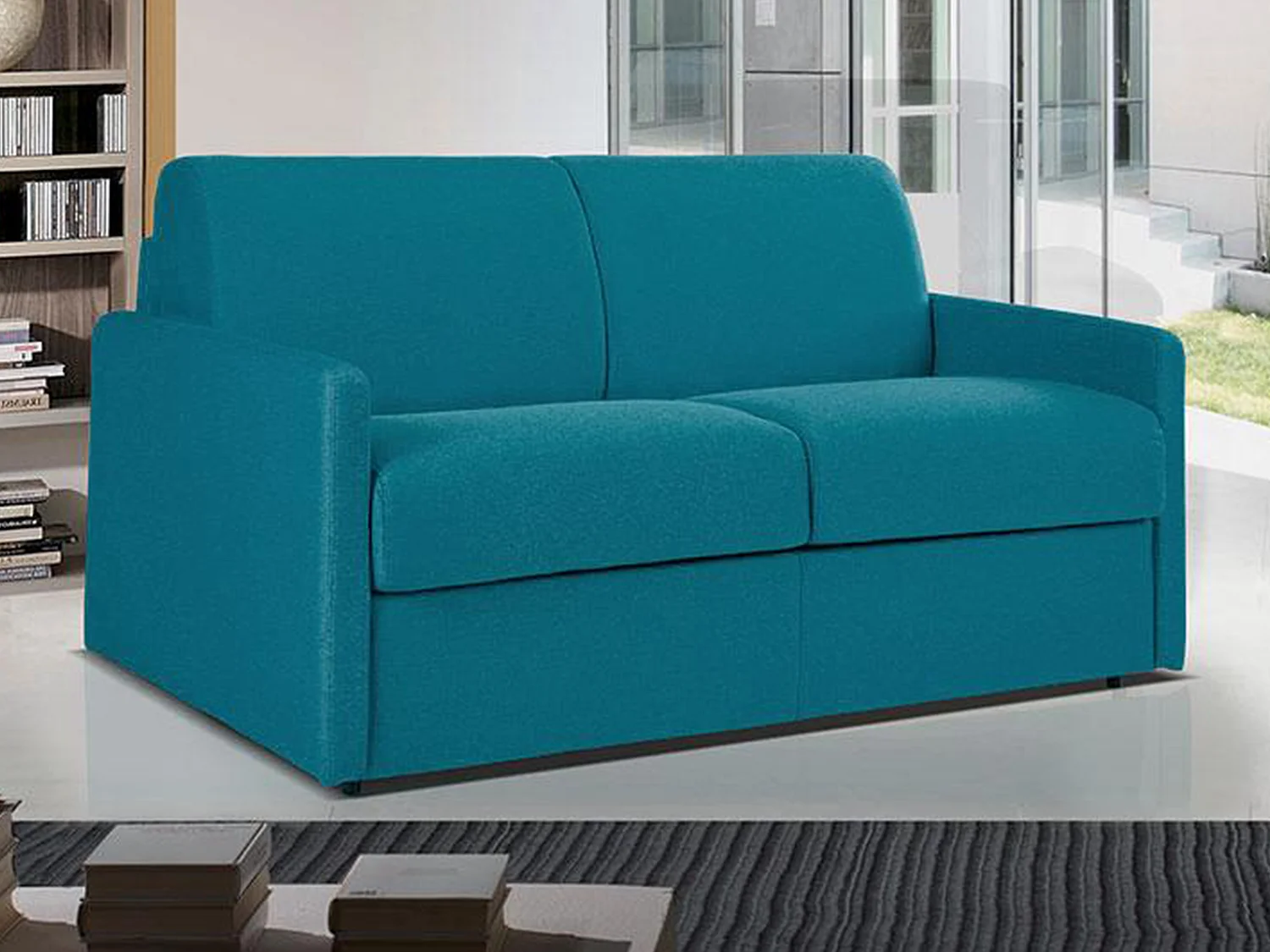 Canapé 2 places convertible express en tissu bleu turquoise - Couchage 120 cm - Matelas 14 cm CALIFE