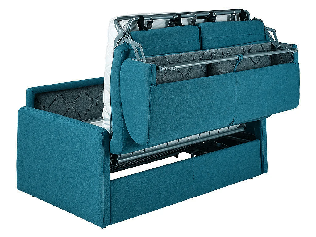 Canapé 2 places convertible express en tissu bleu turquoise - Couchage 120 cm - Matelas 14 cm CALIFE