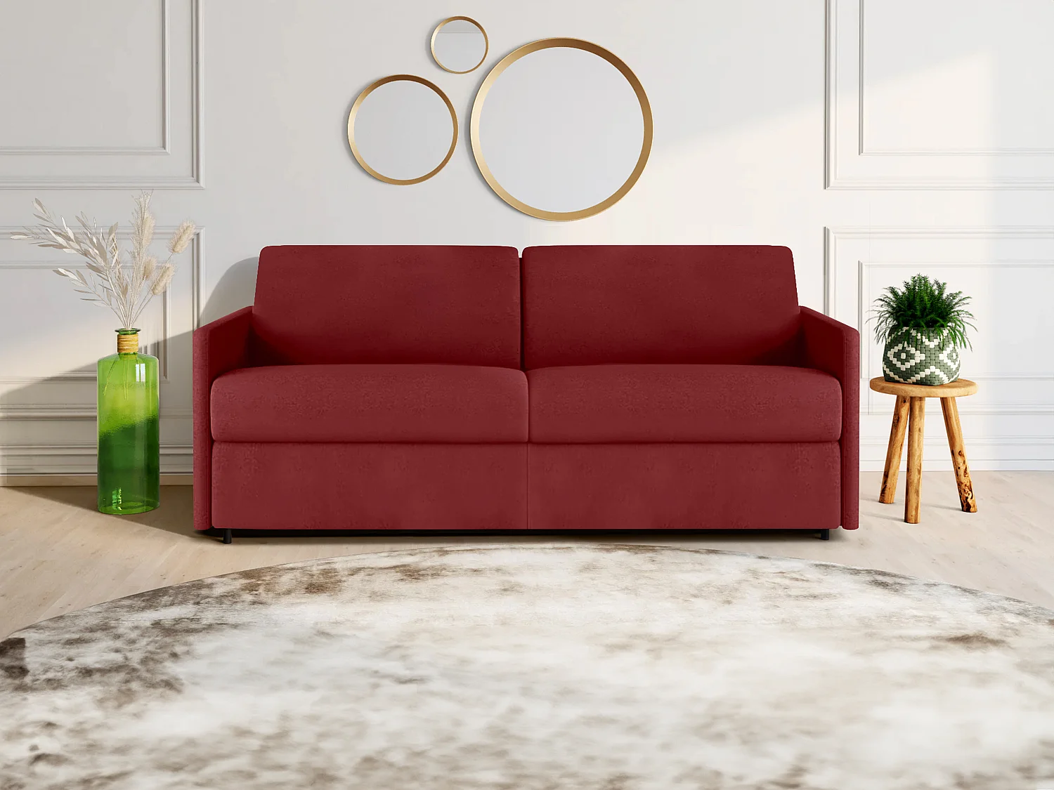 Canapé 4 places convertible express en tissu rouge - Couchage 160 cm - Matelas 14 cm CALIFE