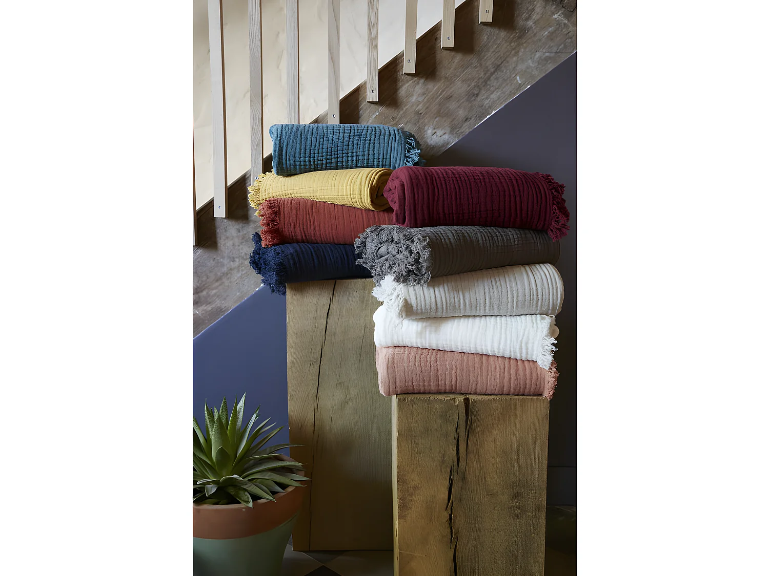 Plaid à franges "Gaïa" toutes dimensions "Gaze de Coton"