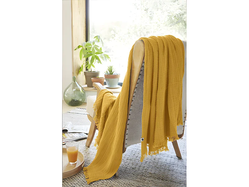 Plaid à franges "Gaïa" toutes dimensions "Gaze de Coton"