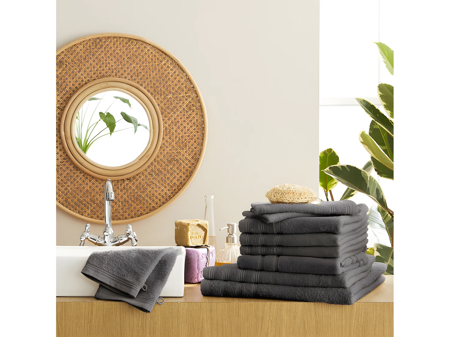 Pack complet éponge 10 pièces "Spa" salle de bain / 400 gr/m² - Couleur: "Spa" Anthracite