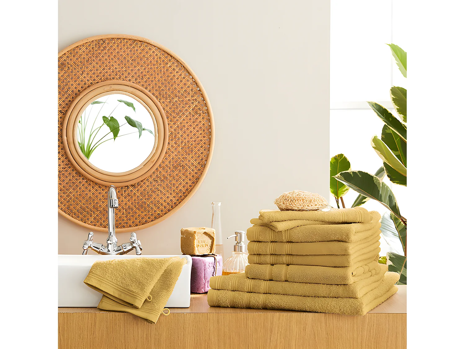 Pack complet éponge 10 pièces "Spa" salle de bain / 400 gr/m² - Couleur: "Spa" Jaune Maîs