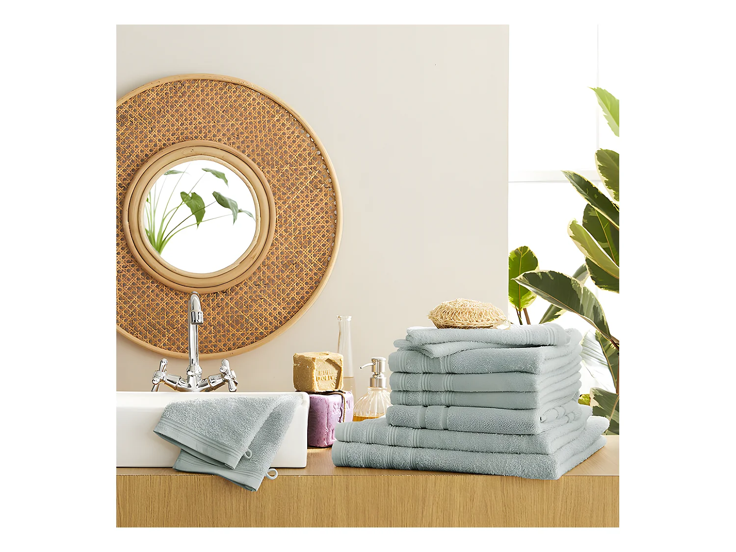 Pack complet éponge 10 pièces "Spa" salle de bain / 400 gr/m² - Couleur: "Spa" Céladon