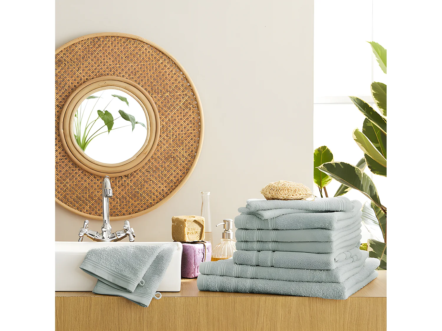 Pack complet éponge 10 pièces "Spa" salle de bain / 400 gr/m² - Couleur: "Spa" Céladon