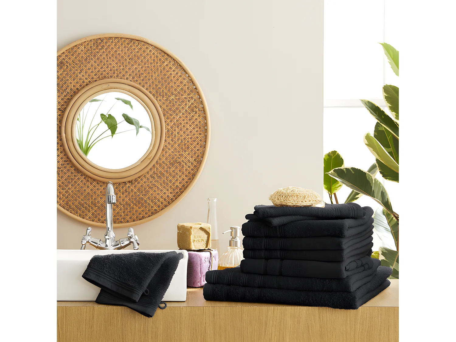 Pack complet éponge 10 pièces "Spa" salle de bain / 400 gr/m² - Couleur: "Spa" Noir