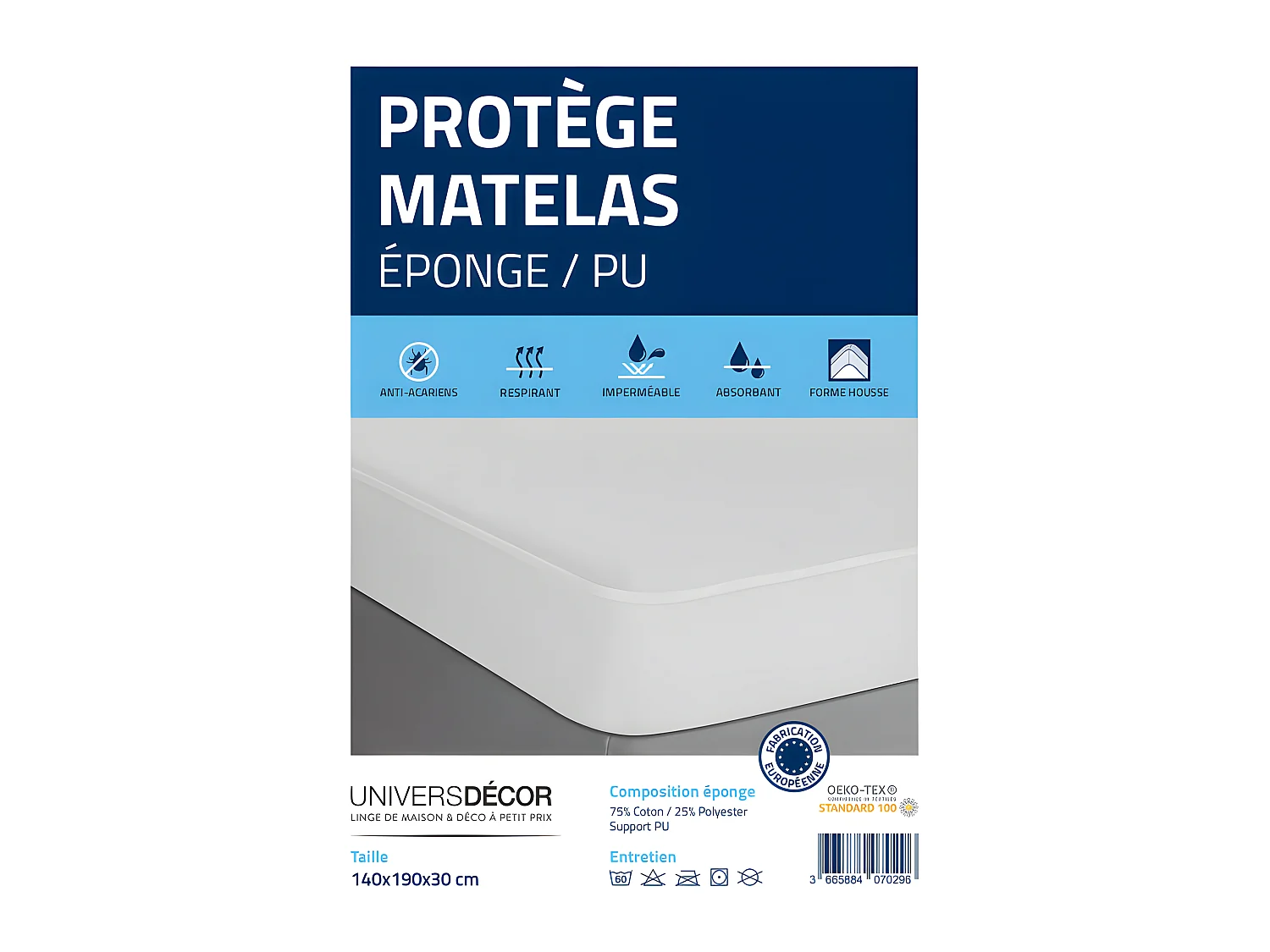 Lot de 2 protège matelas éponge imperméable anti-acariens 140 x 190 + 30 cm