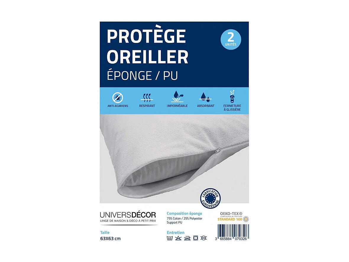 Lot de 2 protège oreiller éponge imperméable anti-acariens 63 x 63 cm