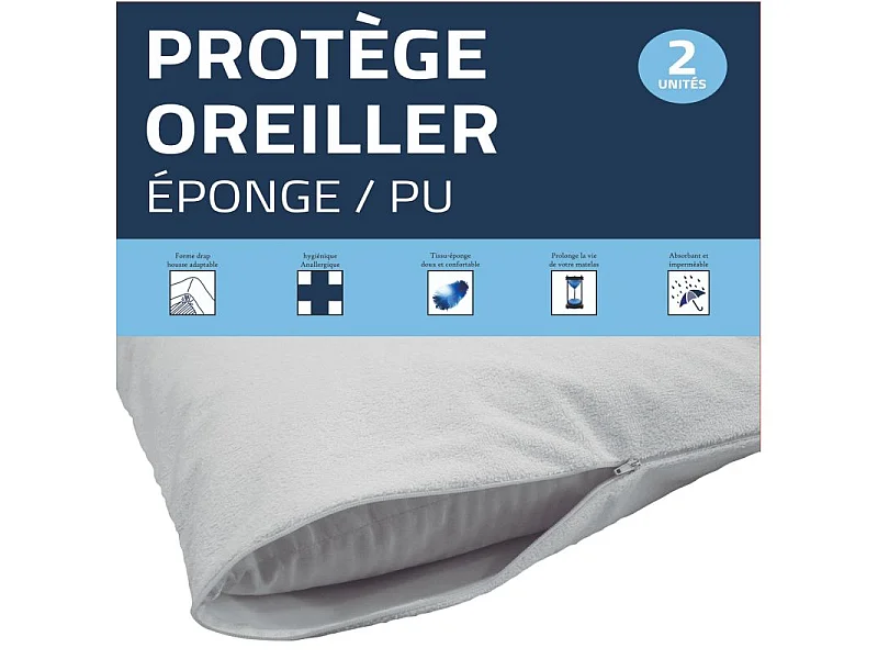 Lot de 2 protège oreiller éponge imperméable anti-acariens 63 x 63 cm