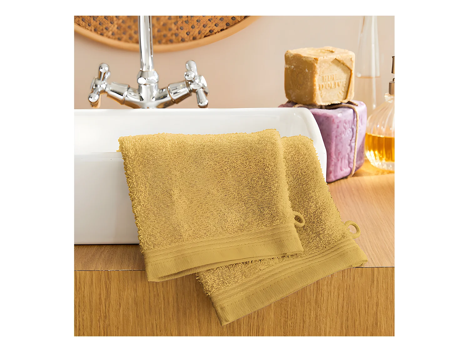 Lot de 2 gants de toilette éponge "Spa" 15 x 21 cm / 400 gr/m² - Couleur: "Spa" Jaune Maîs