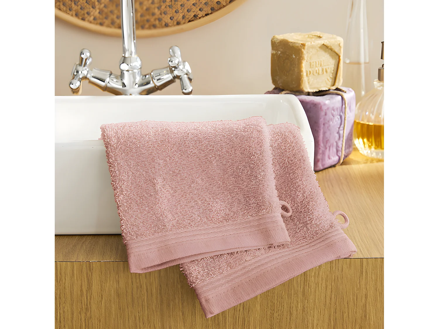 Lot de 2 gants de toilette éponge "Spa" 15 x 21 cm / 400 gr/m² - Couleur: "Spa" Blush