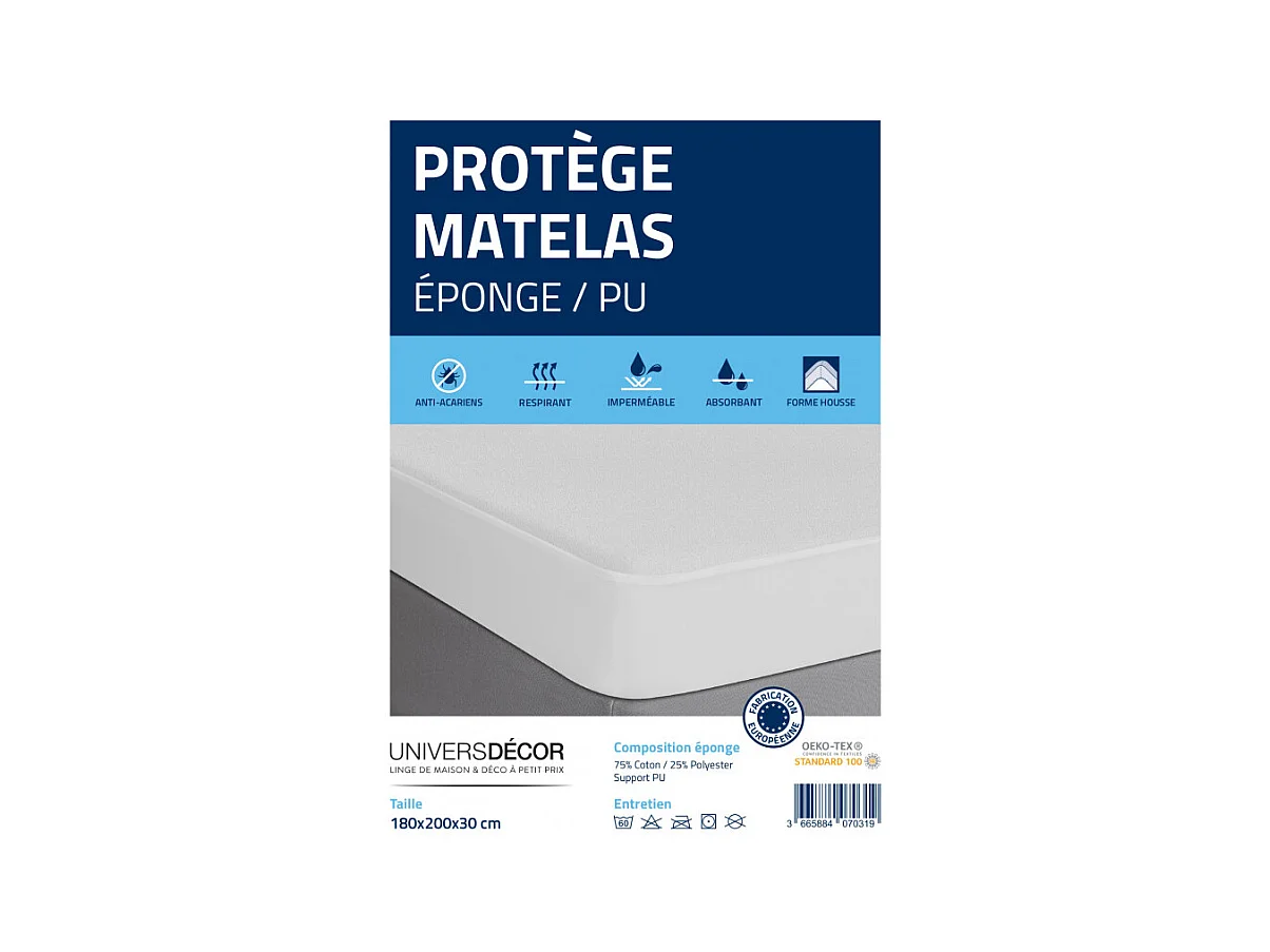Protège matelas éponge imperméable anti-acariens 180 x 200 + 30 cm