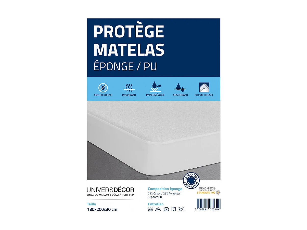 Protège matelas éponge imperméable anti-acariens 180 x 200 + 30 cm