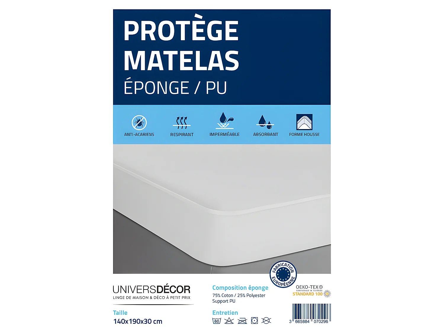 Protège matelas éponge imperméable anti-acariens 140 x 190 + 30 cm