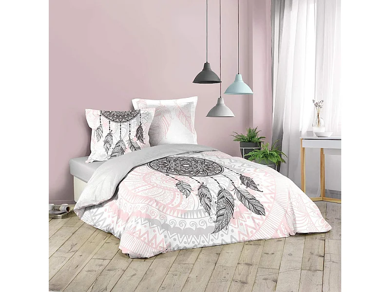 Juego de Cama de 3 Piezas Namasté 200x200 cm en Algodón 100% Rosa con Estampado de Atrapasueños