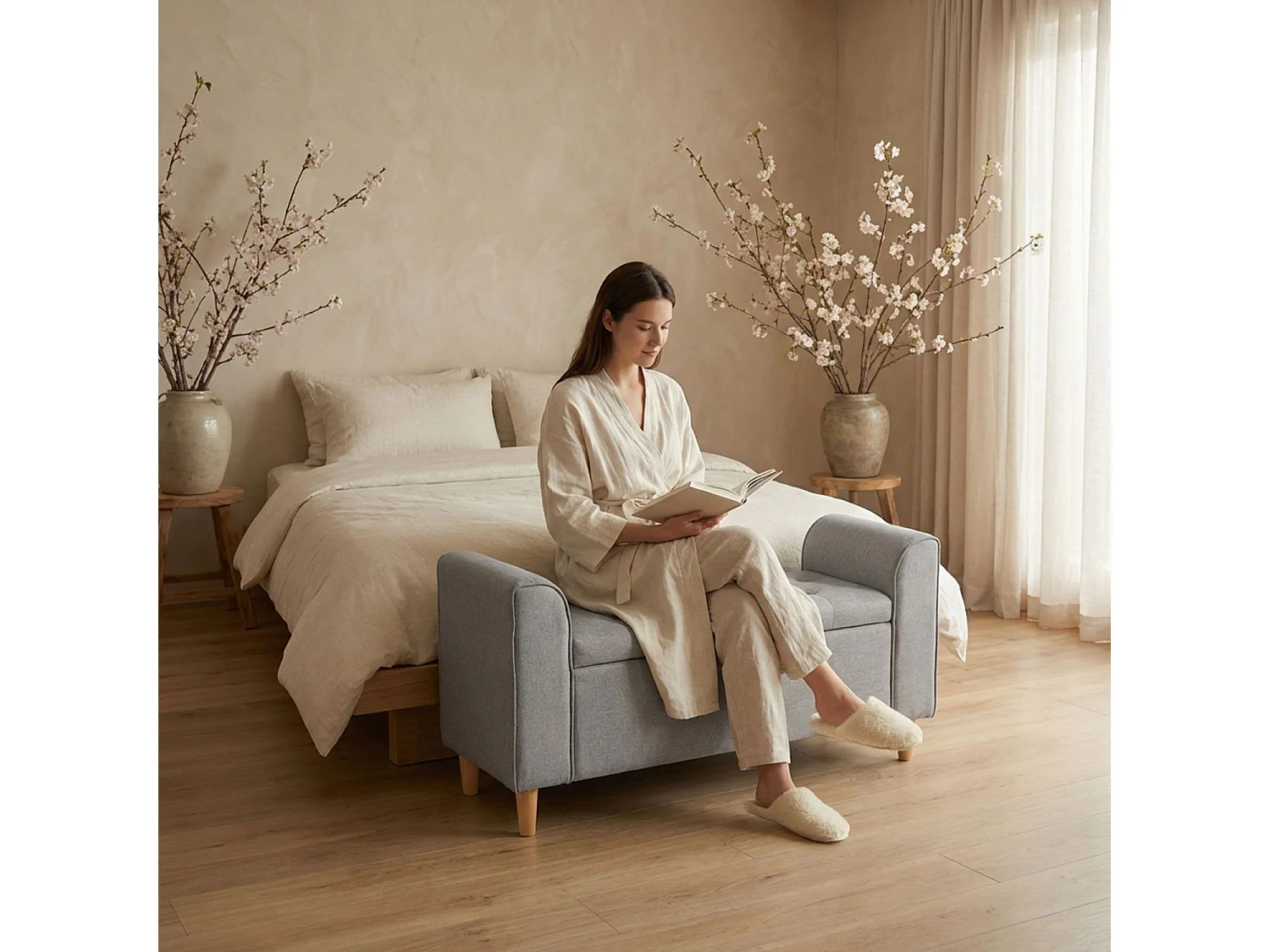 Banquette Coffre en Tissu "Pooh" 114cm Gris Clair