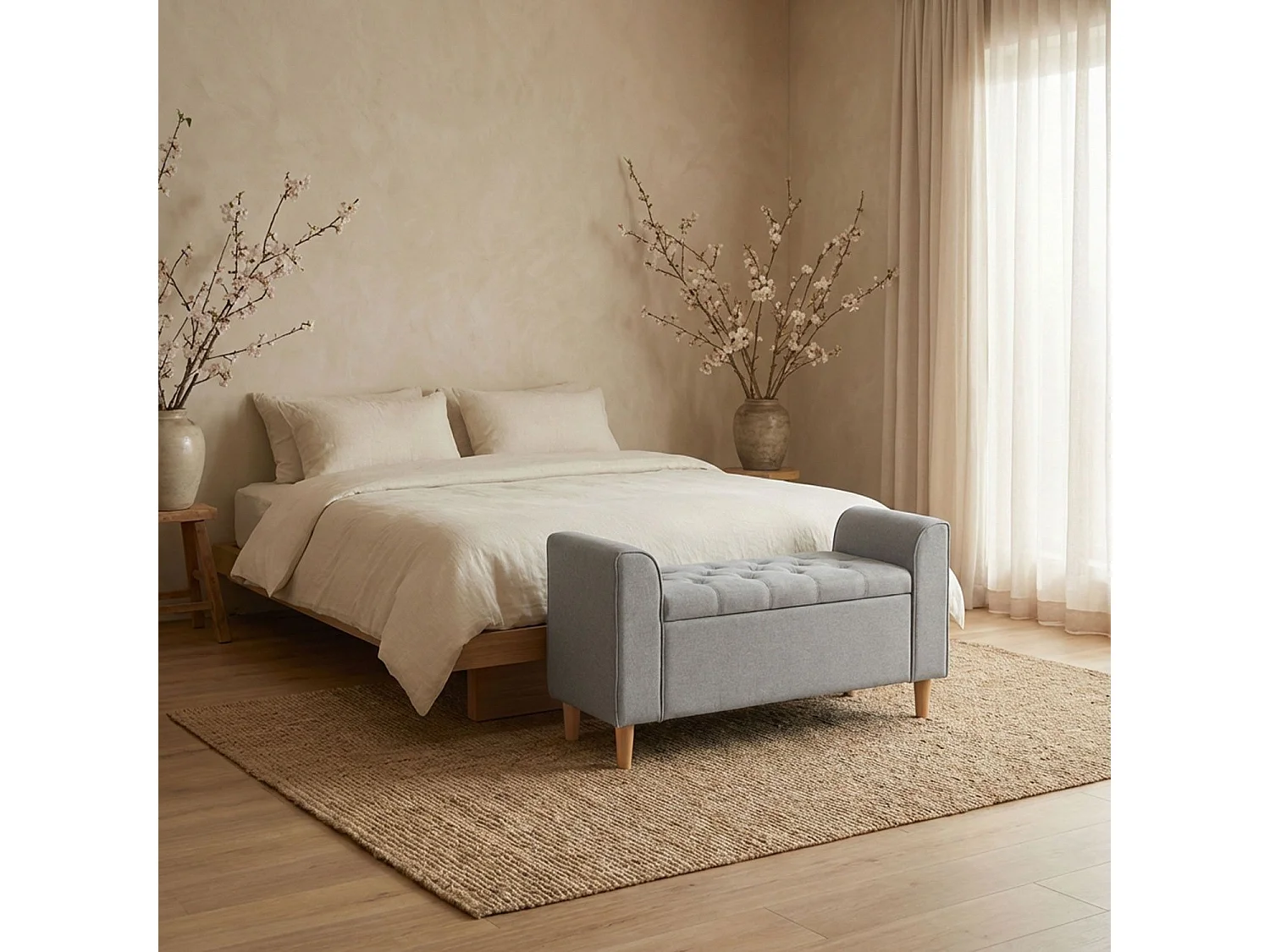 Banquette Coffre en Tissu "Pooh" 114cm Gris Clair