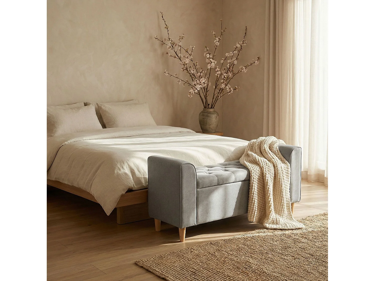 Banquette Coffre en Tissu "Pooh" 114cm Gris Clair