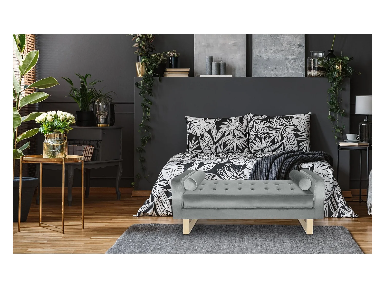 Banquette Capitonnée Velours "Qena" 160cm Argent