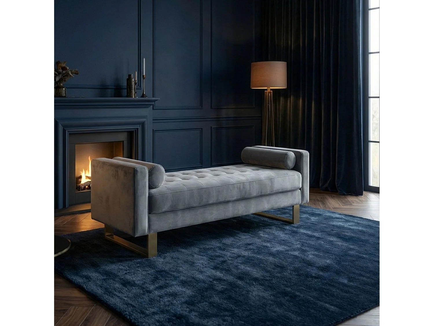 Banquette Capitonnée Velours "Qena" 160cm Argent