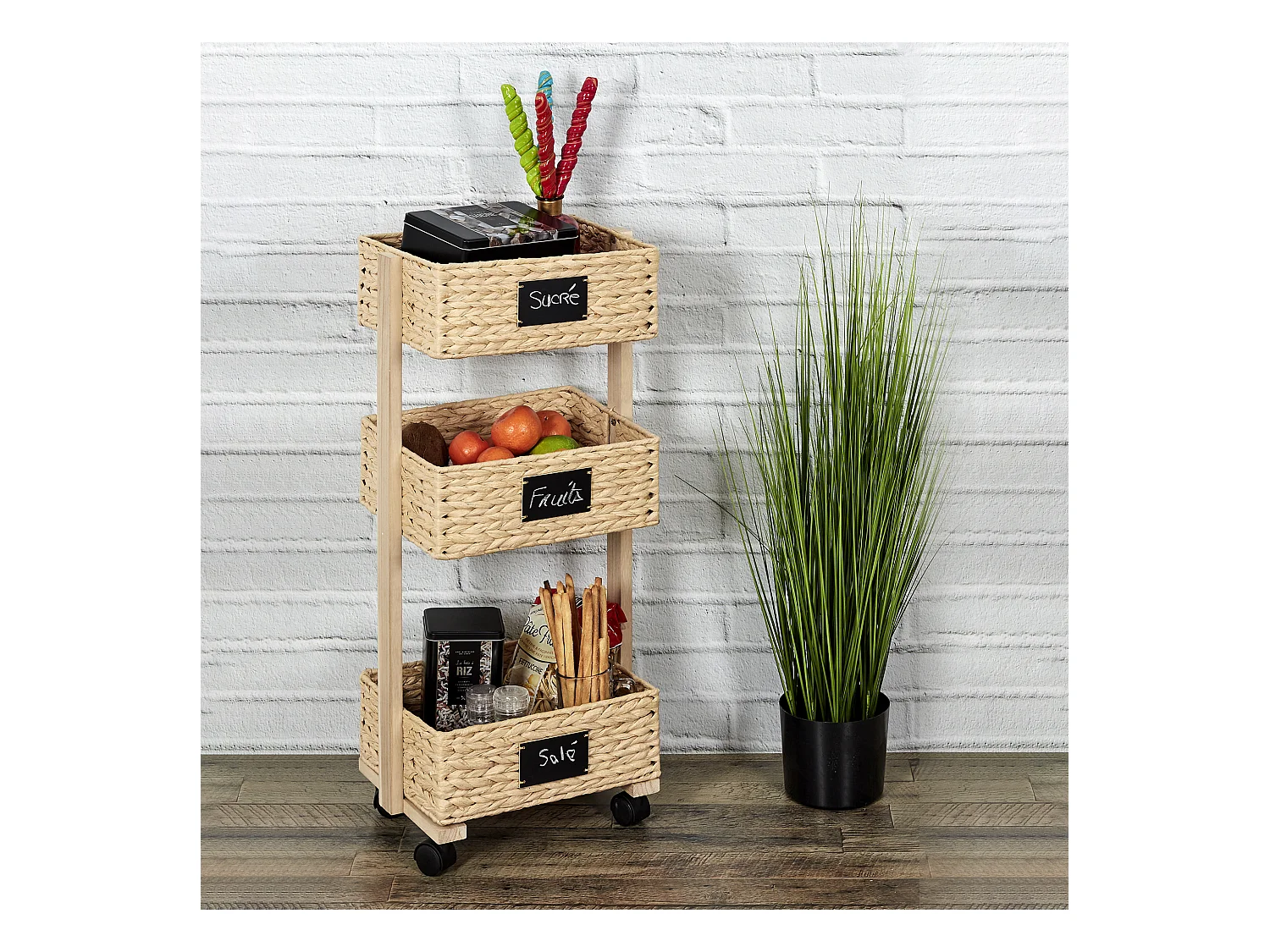 Desserte A Roulettes 3 Paniers Tresses Beige