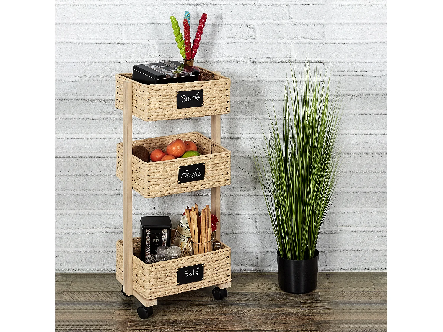 Desserte A Roulettes 3 Paniers Tresses Beige