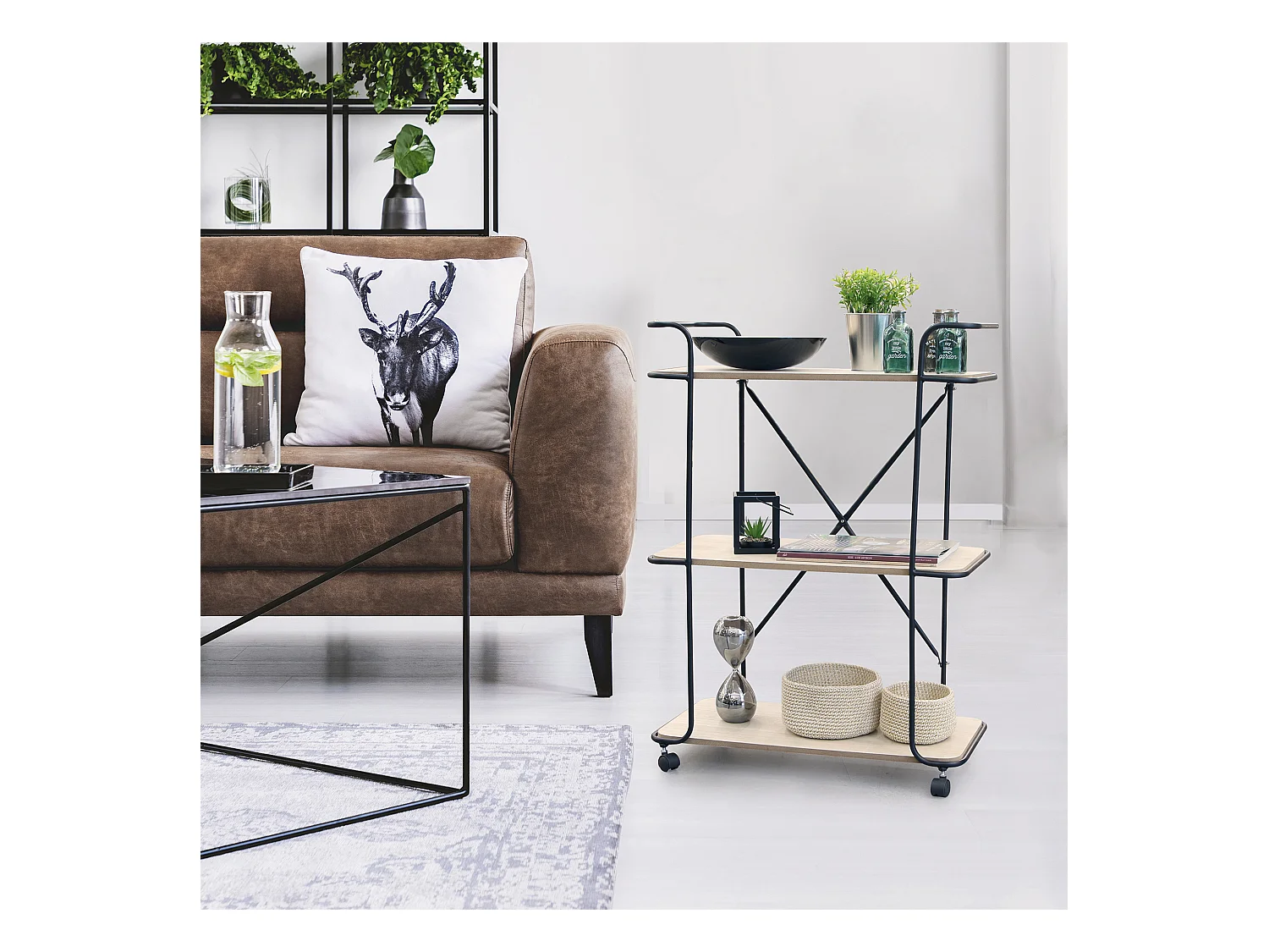 Desserte Indus 3 Niveaux Bois 62x30x83.5cm Beige, Noir