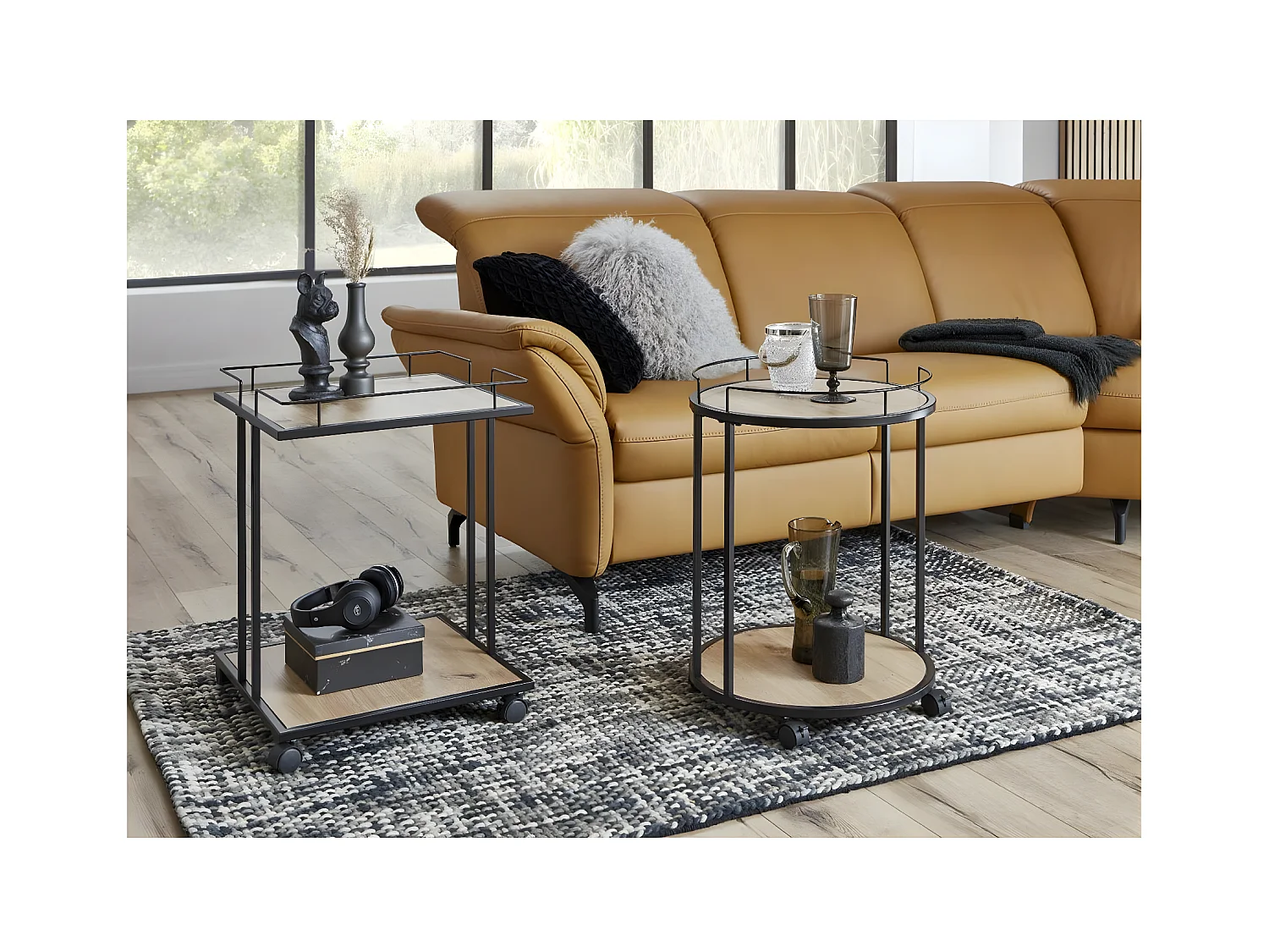 Desserte de Cuisine Ronde "Ascola" 60cm Noir & Chêne