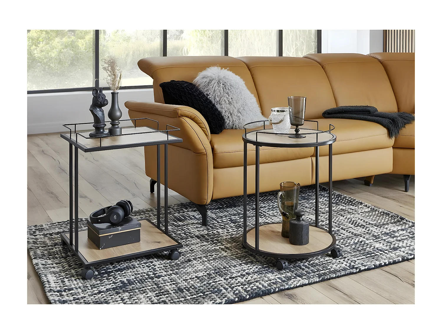 Desserte de Cuisine Ronde "Ascola" 60cm Noir & Chêne