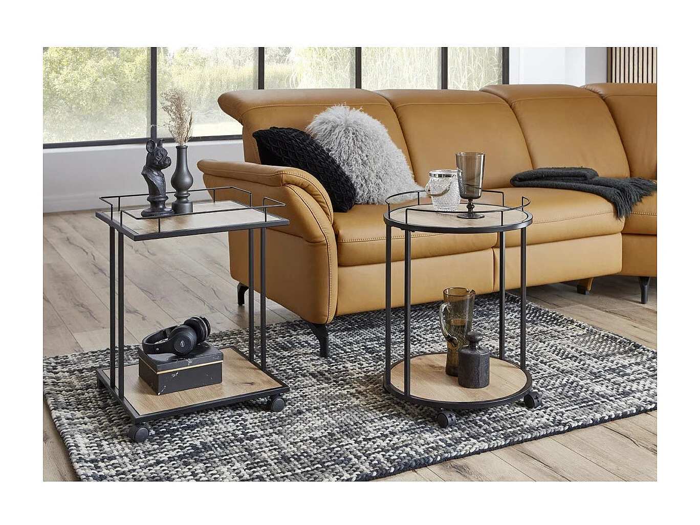 Desserte de Cuisine Ronde "Ascola" 60cm Noir & Chêne