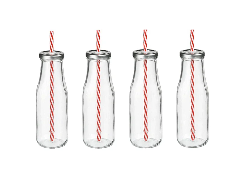 Lot de 4 Bouteilles "Limonade" Avec Paille Transparent