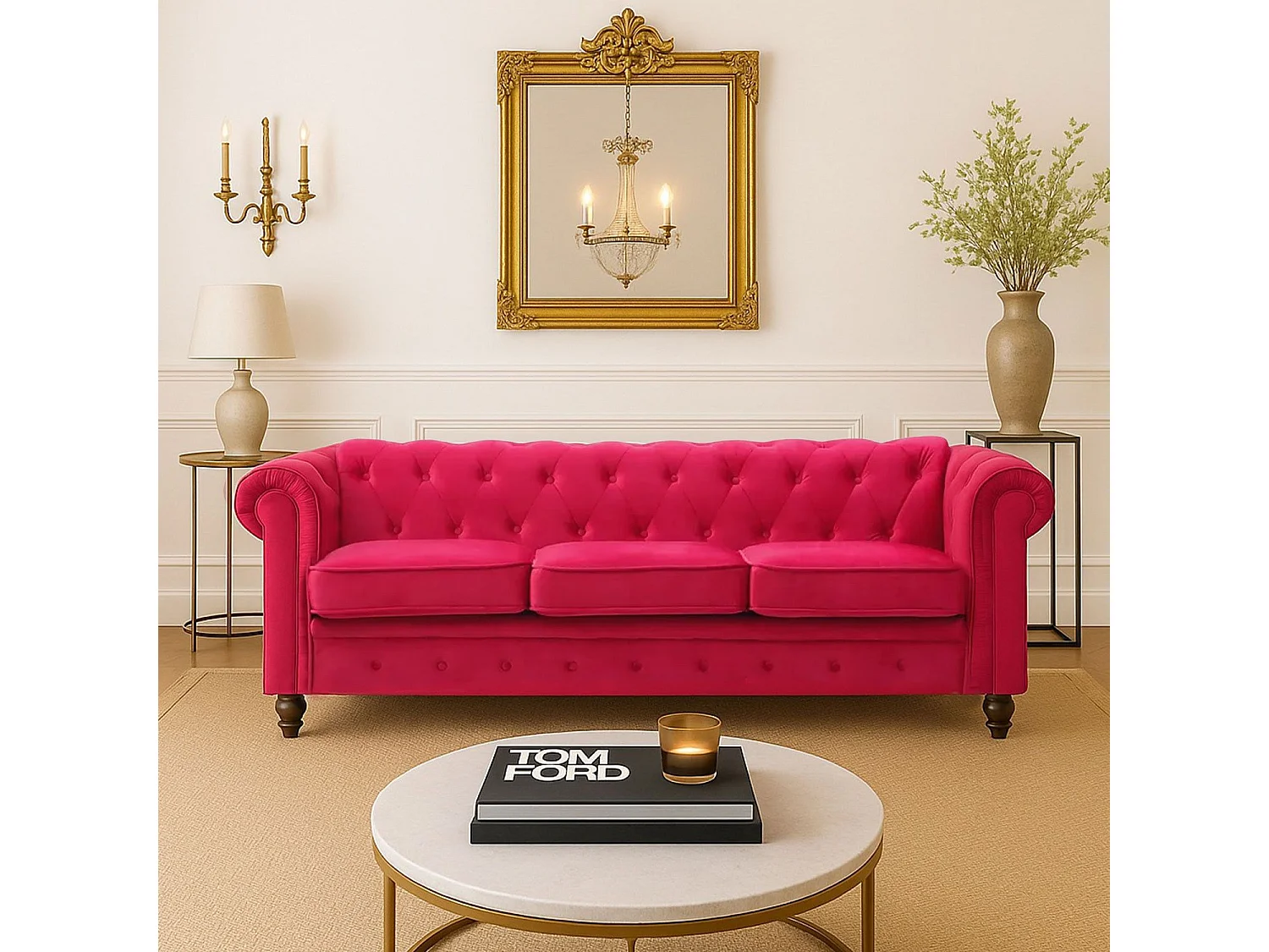 Canapé 3 Places Velours "Chesterfield" 209cm Rouge