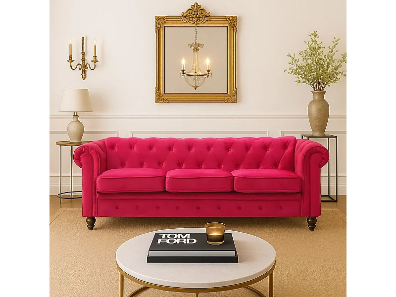 Canapé 3 Places Velours "Chesterfield" 209cm Rouge