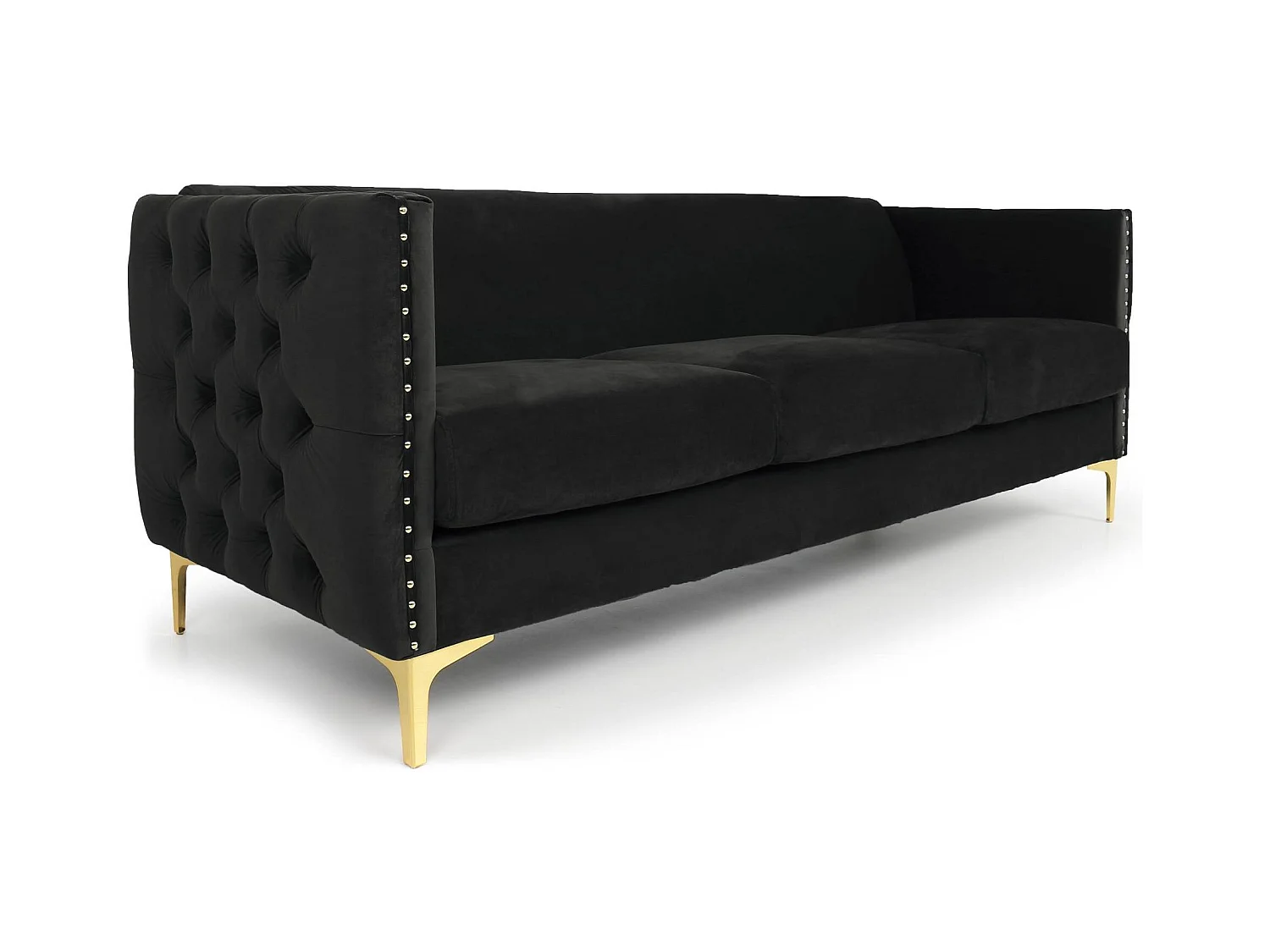 3-Sitzer Samtsofa Schwarz "Joshua" Goldene Metallbeine 204cm