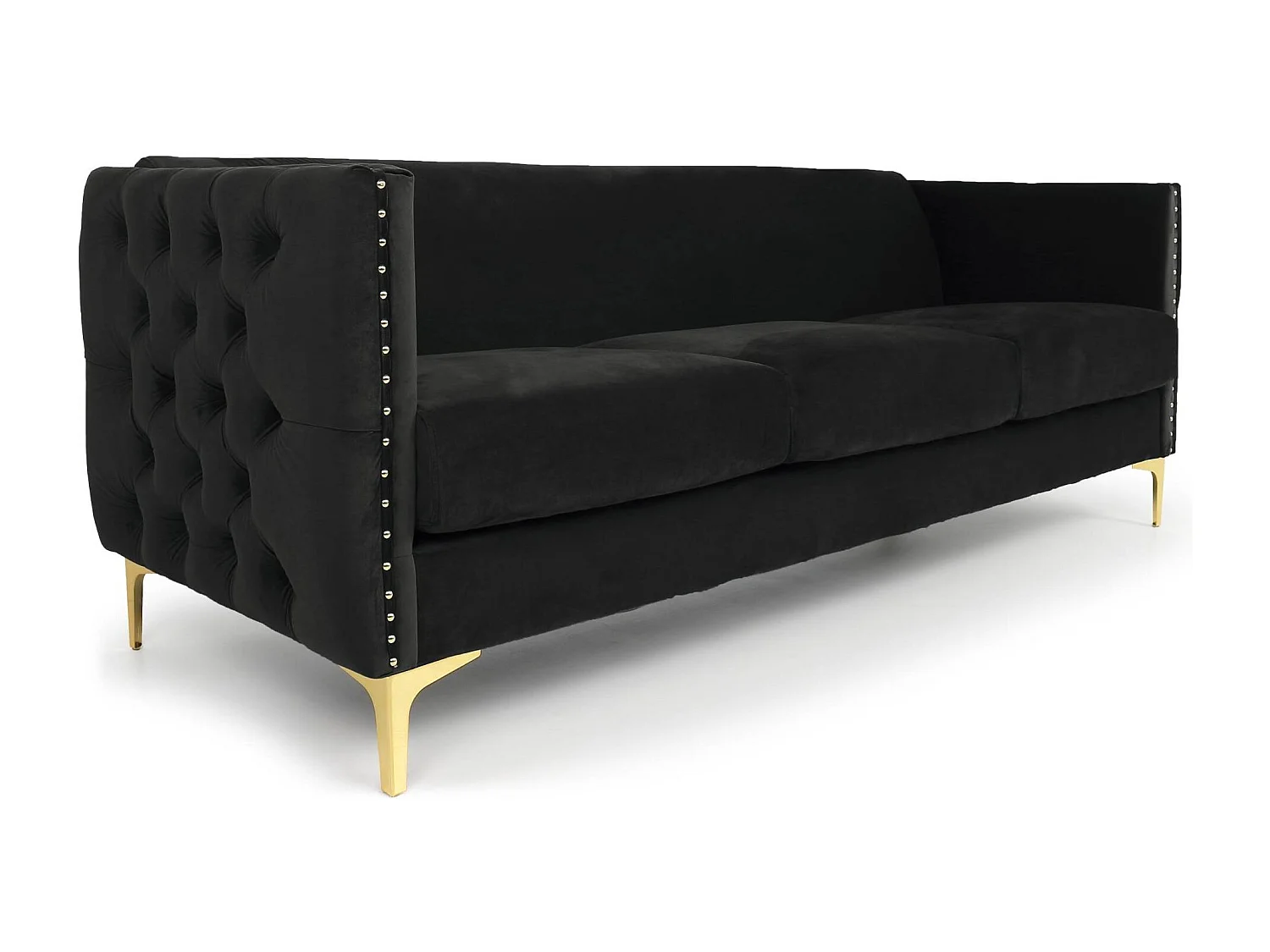 3-Sitzer Samtsofa Schwarz "Joshua" Goldene Metallbeine 204cm