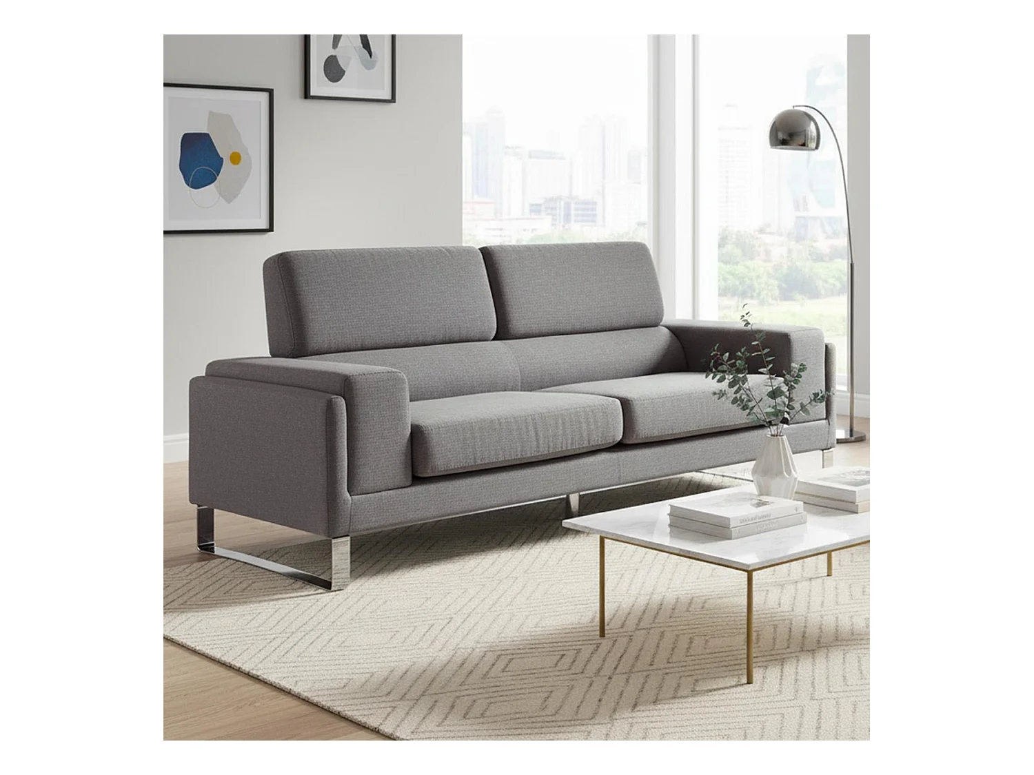 Canapé 3 Places Tissu "Ezekiel" 198cm Gris Clair